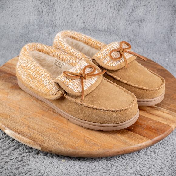 Clarks Women Tan Suede Moccasin Slippers with Sweater Sz 8 M - Picture 1 of 7